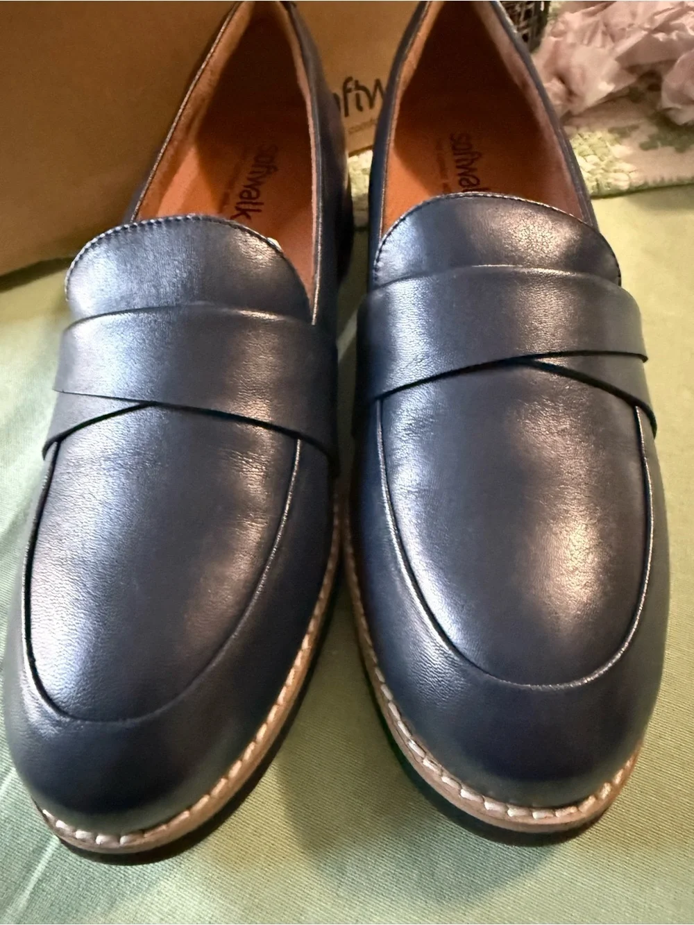 SoftWalk Navy Leather Penny Loafers with Contrast Stitching